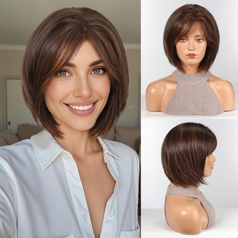 HAIRCUBE Bob Wigs for Women Synthetic Wig with Fringe Brown with highlight Color - Image 1