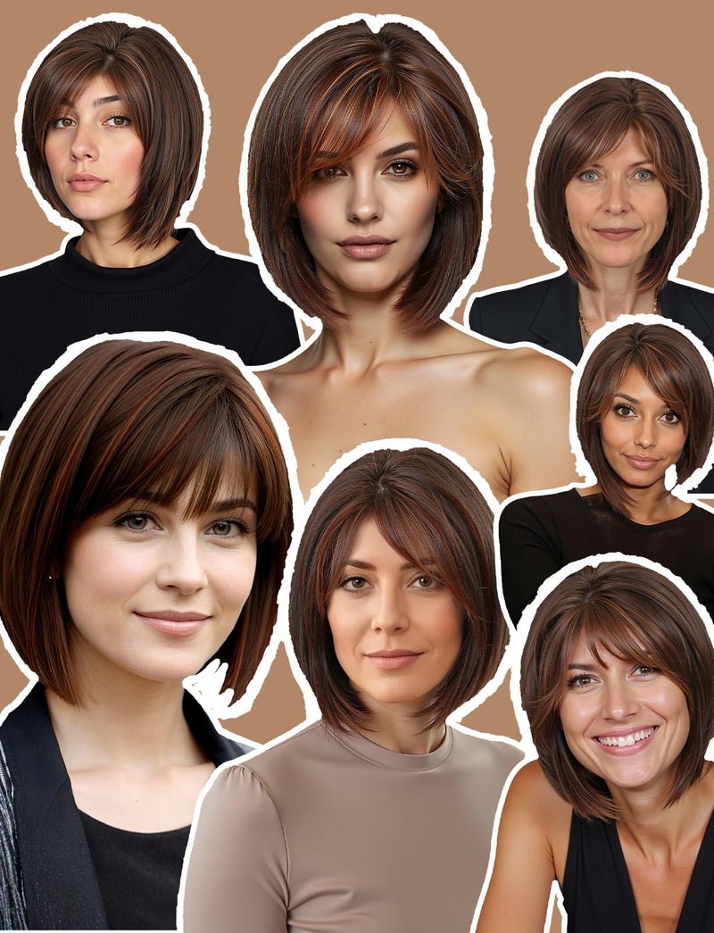HAIRCUBE Bob Wigs for Women Synthetic Wig with Fringe Brown with highlight Color - Image 4