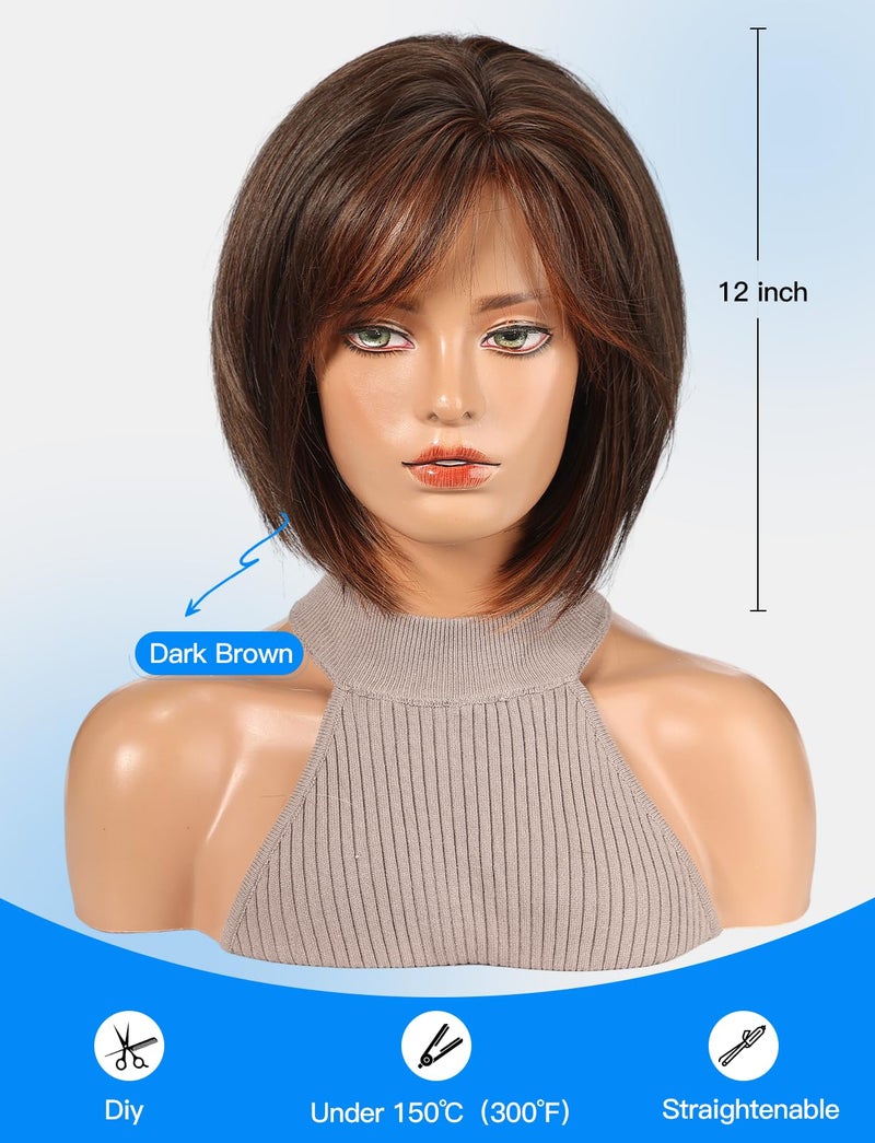 HAIRCUBE Bob Wigs for Women Synthetic Wig with Fringe Brown with highlight Color - Image 3