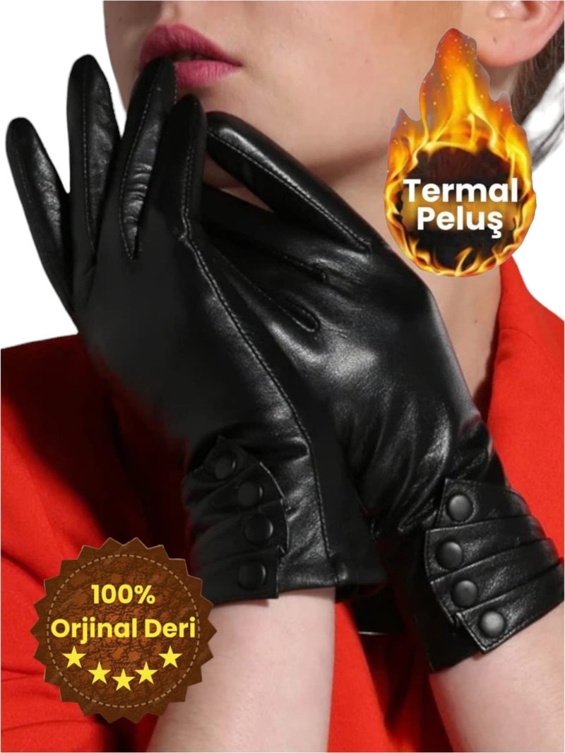 Mood Agenda Women's Genuine Leather Water and Windproof Cold Resistant Thermal Gloves 