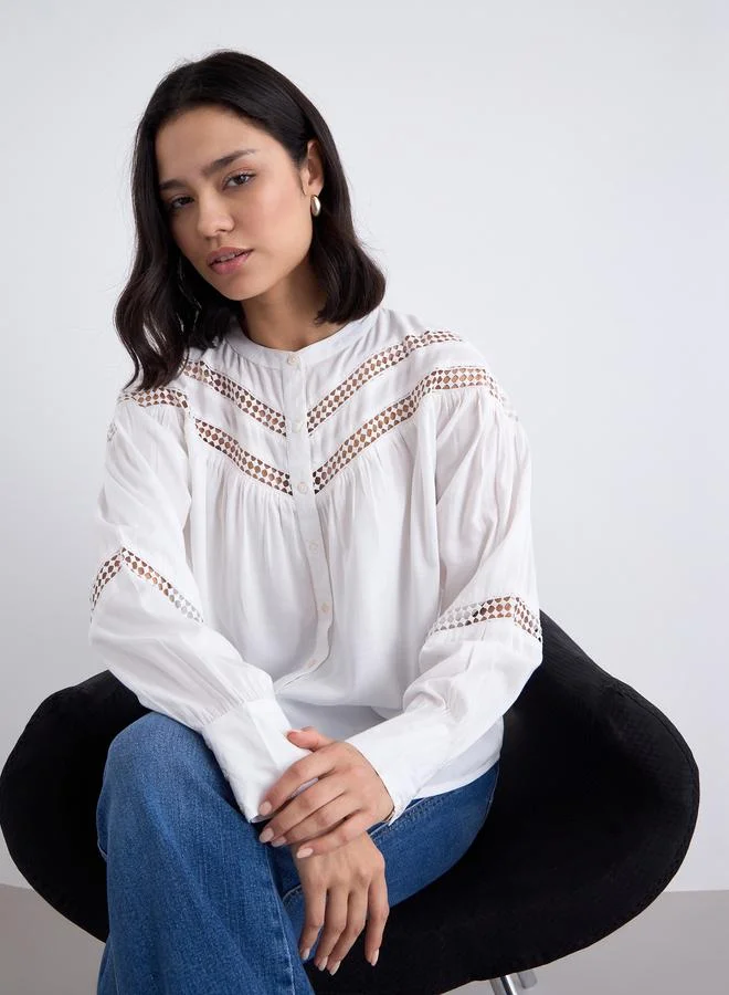 Styli Styli White Lace Blouse with Button Front