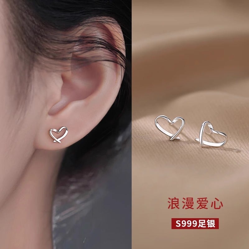 925 Sterling Silver Hoop Earrings 13# [999 Silver] Romantic Love Earrings 