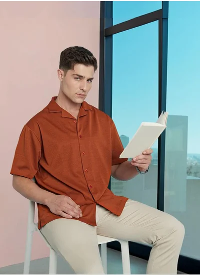 دينيس لينغو Rust Relaxed fit Shirts Textured design crafted from 100% Polyester featuring Half Sleeve with Button closure.