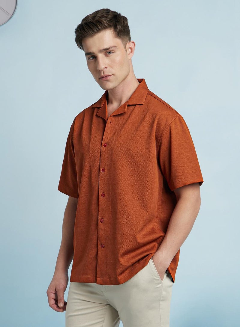 Dennis Lingo Men's Rust 100% Polyester Textured Button Down Relaxed Shirt  - Image 2