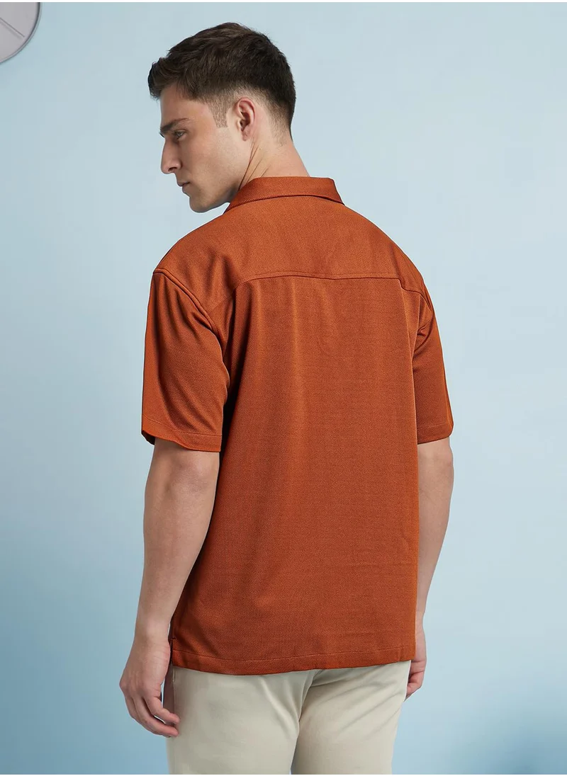 Dennis Lingo Rust Relaxed fit Shirts Textured design crafted from 100% Polyester featuring Half Sleeve with Button closure.