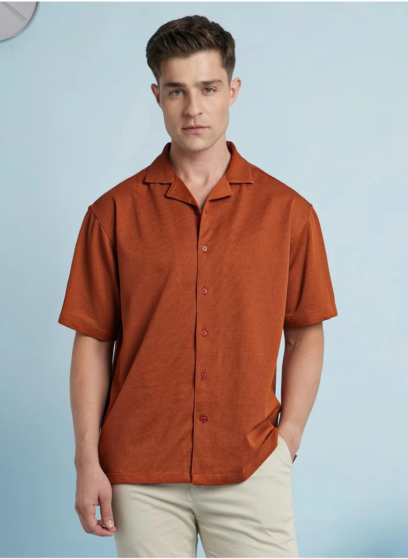 Dennis Lingo Rust Relaxed fit Shirts Textured design crafted from 100% Polyester featuring Half Sleeve with Button closure.