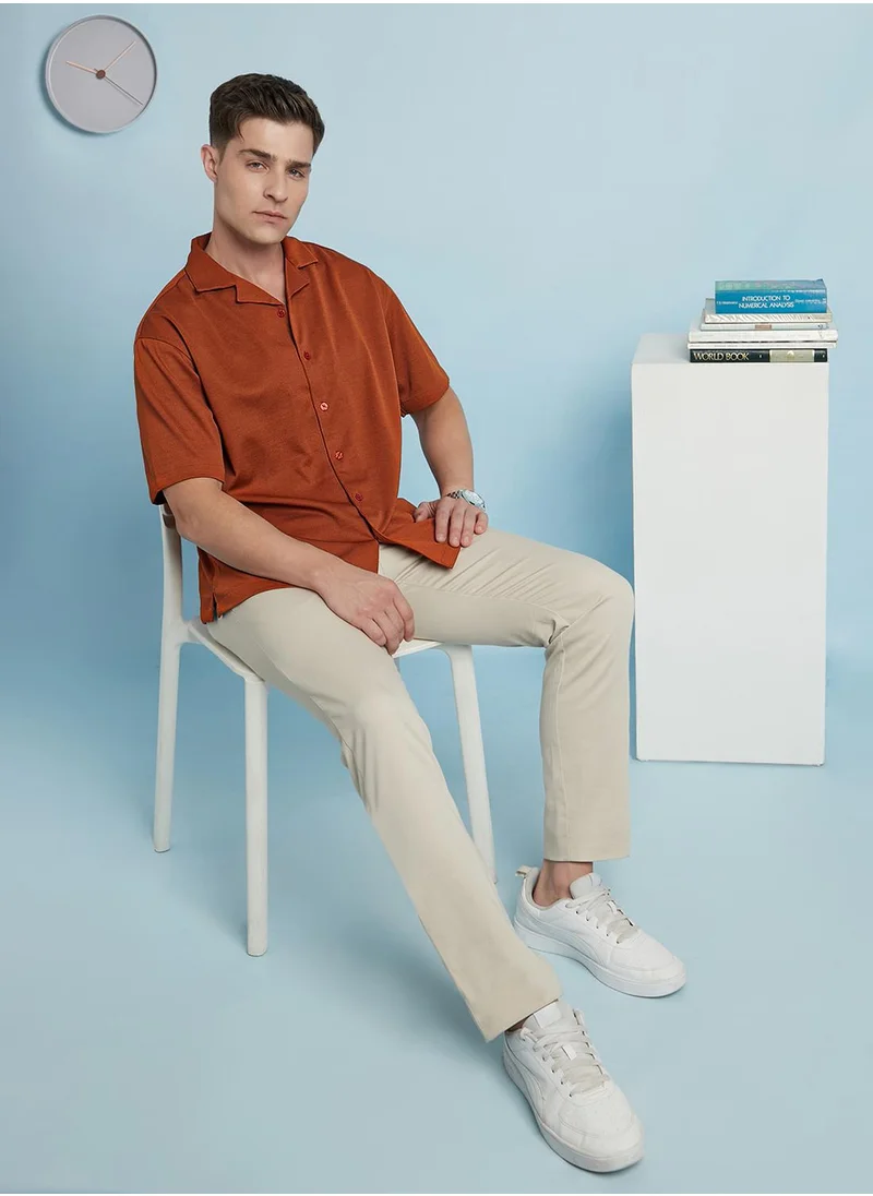 Dennis Lingo Rust Relaxed fit Shirts Textured design crafted from 100% Polyester featuring Half Sleeve with Button closure.