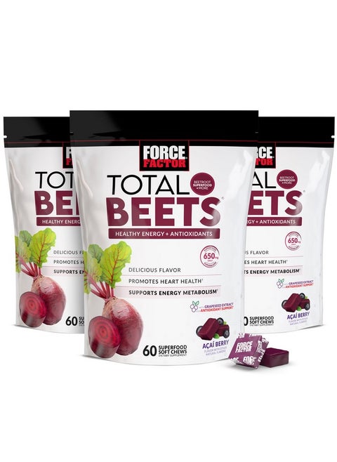 Force Factor Total Beets Soft Chews with Beetroot, Nitrates, L-Citrulline, Grapeseed Extract, & Antioxidants, Healthy Energy Supplement with Elite Ingredients for Heart, Superfood, 180 Count, 3-Pack