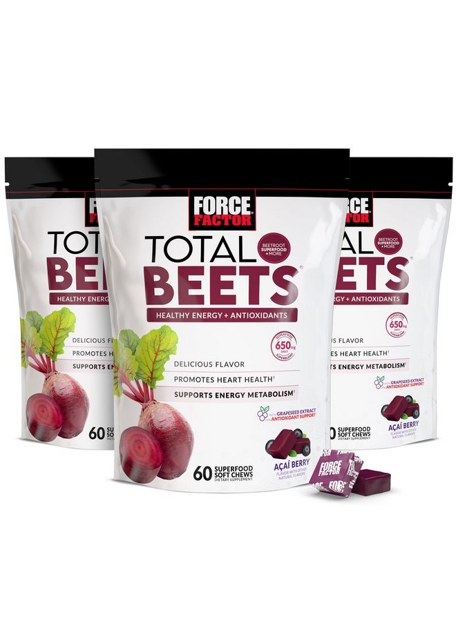 Force Factor Force Factor Total Beets Soft Chews with Beetroot, Nitrates, L-Citrulline, Grapeseed Extract, & Antioxidants, Healthy Energy Supplement with Elite Ingredients for Heart, Superfood, 180 Count, 3-Pack  - Image 1