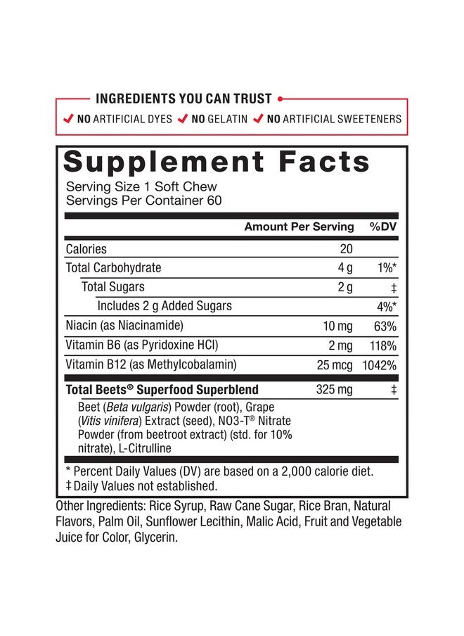 Force Factor Force Factor Total Beets Soft Chews with Beetroot, Nitrates, L-Citrulline, Grapeseed Extract, & Antioxidants, Healthy Energy Supplement with Elite Ingredients for Heart, Superfood, 180 Count, 3-Pack  - Image 5