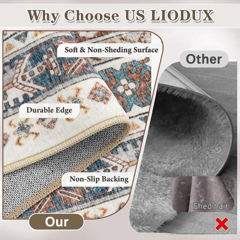 LIODUX سجادة منطقة بوهيمية من LIODUX، سجادة قابلة للغسل فائقة النحافة، سجادة عتيقة بوهيمية، سجادة ذات ظهر مانع للانزلاق لغرفة المعيشة وغرفة النوم وديكور المكتب العتيق (كحلي، 60 × 90 سم (مستطيلة)) - Image 4