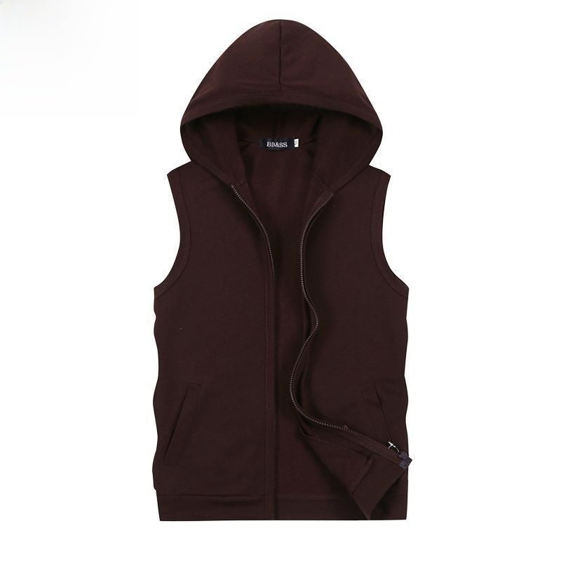 Mens Fitness Sleeveless Sweater Hooded Vest Cardigan Korean Sports Vest Slim Fit Top Waistcoat Summer Hoodie Coffee Cardigan  - Image 1