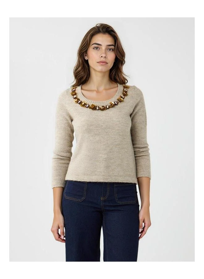 Jimmy Key Vizon U-Neck Long Sleeve Embroidered Knit Sweater.
