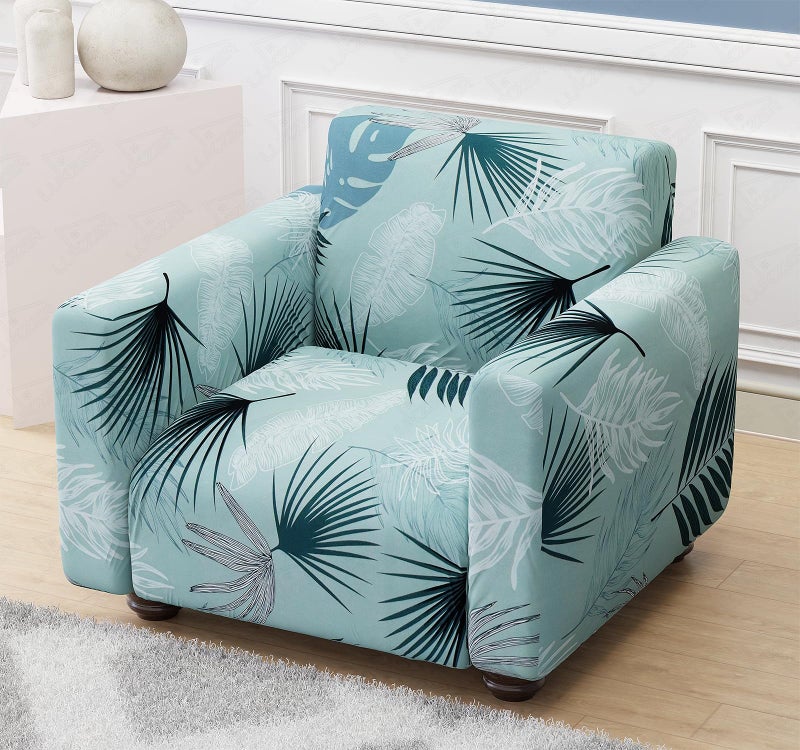 Lukzer 1-Seater Stretchable Sofa Cover Light Blue Floral Design 360° Full Coverage Couch Protector Anti-Slip, Washable, 140 GSM Polyester + Spandex Slipcover | Fits 90–140 cm (SC-008-01) - Image 1