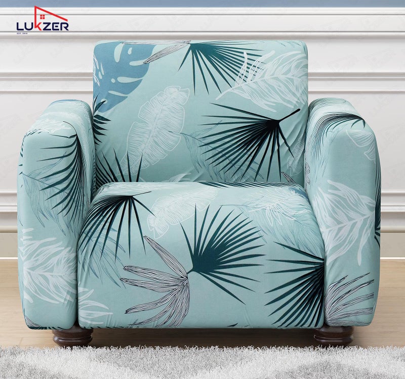 Lukzer 1-Seater Stretchable Sofa Cover Light Blue Floral Design 360° Full Coverage Couch Protector Anti-Slip, Washable, 140 GSM Polyester + Spandex Slipcover | Fits 90–140 cm (SC-008-01) - Image 3