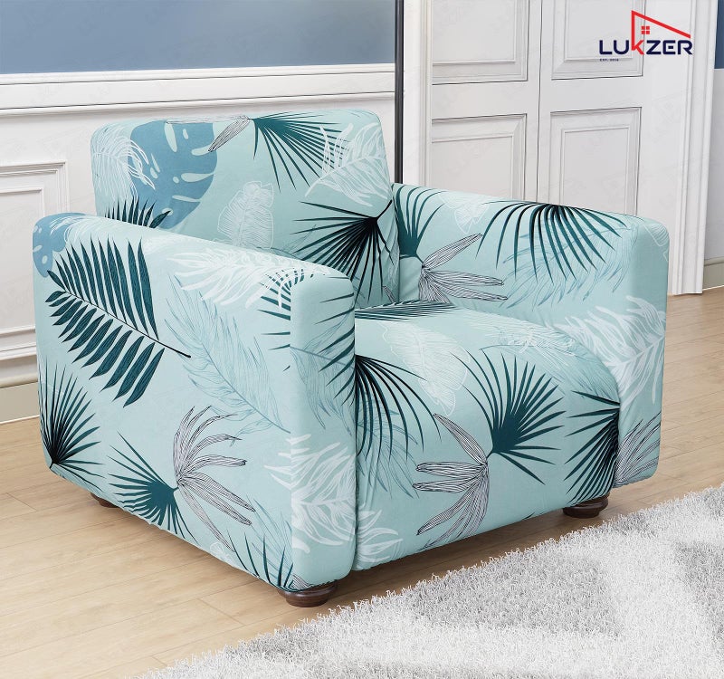 Lukzer 1-Seater Stretchable Sofa Cover Light Blue Floral Design 360° Full Coverage Couch Protector Anti-Slip, Washable, 140 GSM Polyester + Spandex Slipcover | Fits 90–140 cm (SC-008-01) - Image 4