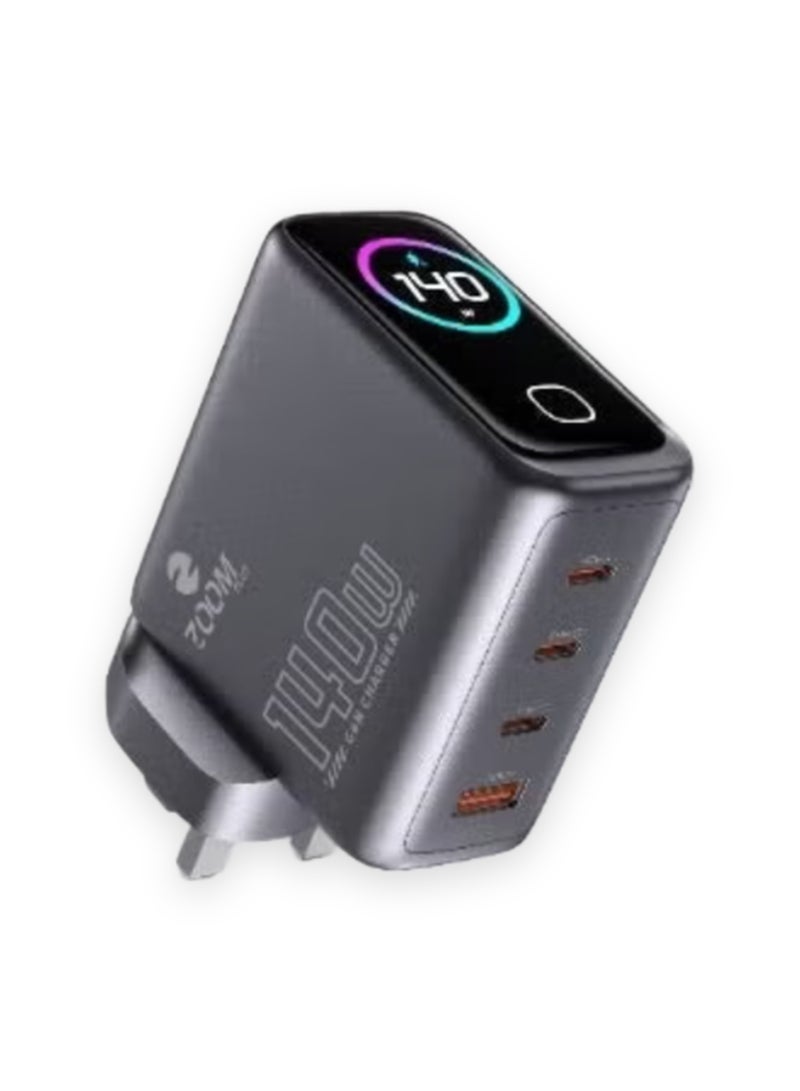 Zoom Plus Extreme AI 140W GaN Charger, 4-Port Fast Wall Charger (3x USB-C PD, 1x USB-A) with Smart Display and UK Plug for MacBook, Laptops, iPad, iPhone and Samsung (ZPC140, Grey) - Image 1