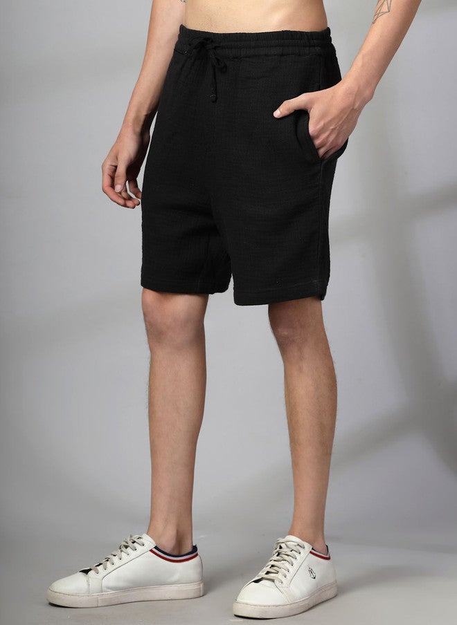 Rue Collection شورتات قطنية منسوجة سوداء بتصميم عادي للرجال - Image 3