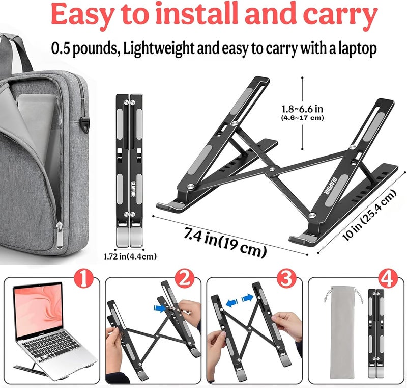 CLAPONE Premium Metal Laptop Stand Foldable, Aluminum Note Book Stand Portable Any Laptop Stand Adjustable Height/OverHeating Protection Laptops/MacBooks/Table and Many More (Metallic Black, MLS002) - Image 2