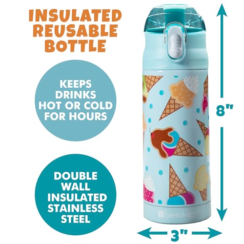 Bentology Stainless Steel 13 oz Reusable Water Bottle for Kids, Ice Cream - Double Wall Insulated, Spill Proof Lid w/Built-in Straw- Keep Liquids Hot or Cold For Hours- Fits in Lunch Boxes & Bags - Image 3
