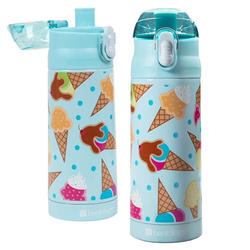 Bentology Stainless Steel 13 oz Reusable Water Bottle for Kids, Ice Cream - Double Wall Insulated, Spill Proof Lid w/Built-in Straw- Keep Liquids Hot or Cold For Hours- Fits in Lunch Boxes & Bags - Image 1
