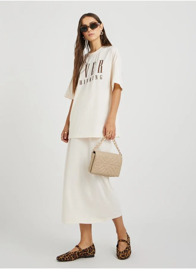 تايك تو Take Two Slogan Print Round Neck T-Shirt and Midi Skirt Co-Ords