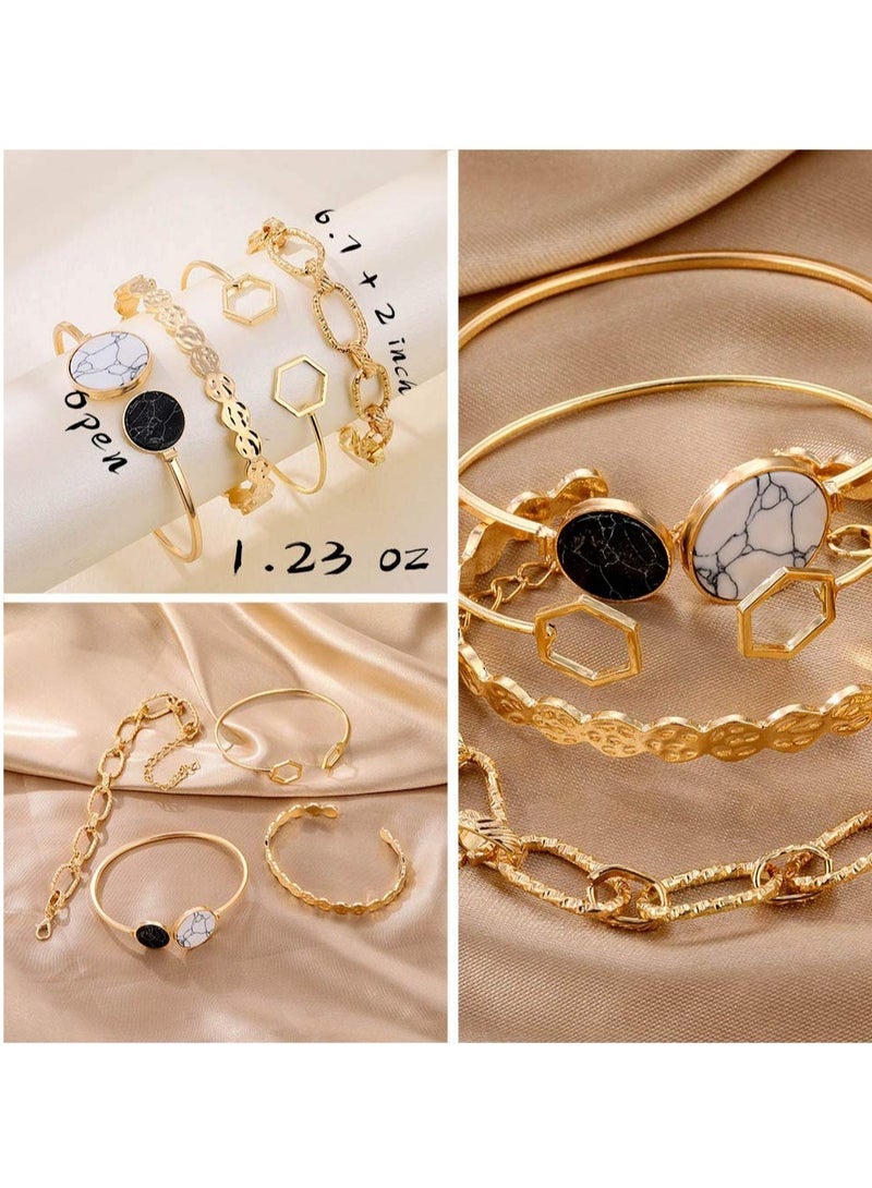 SYOSI 6 PACK 24 Pieces Boho Gold Chain Bracelets Set for Women Girls 14K Gold Plated Multiple Layered Stackable Open Cuff Wrap Bangle Adjustable Link Italian Cuban Jewelry for Women Girls Gift - Image 4