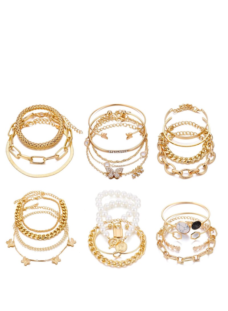 SYOSI 6 PACK 24 Pieces Boho Gold Chain Bracelets Set for Women Girls 14K Gold Plated Multiple Layered Stackable Open Cuff Wrap Bangle Adjustable Link Italian Cuban Jewelry for Women Girls Gift - Image 1