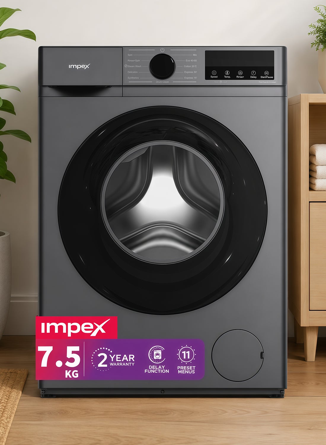 7.5 Kg Front Load Automatic Washing Machine - BLDC Inverter Motor, 1200 RPM, 11 Wash Programs, Child Lock, LED Display, Cleaning Cloths, Dresses, Temp & Speed Control, Time Delay,2 Year Warranty 7.5 kg WM0750FS Grey