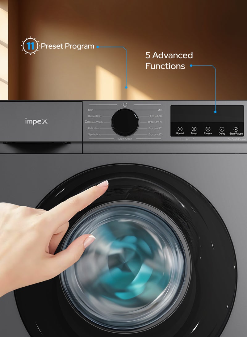 Impex 7.5 Kg Front Load Automatic Washing Machine - BLDC Inverter Motor, 1200 RPM, 11 Wash Programs, Child Lock, LED Display, Cleaning Cloths, Dresses, Temp & Speed Control, Time Delay,2 Year Warranty 7.5 kg WM0750FS Grey - Image 3