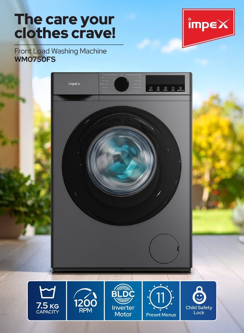 Impex 7.5 Kg Front Load Automatic Washing Machine - BLDC Inverter Motor, 1200 RPM, 11 Wash Programs, Child Lock, LED Display, Cleaning Cloths, Dresses, Temp & Speed Control, Time Delay,2 Year Warranty 7.5 kg WM0750FS Grey - Image 2