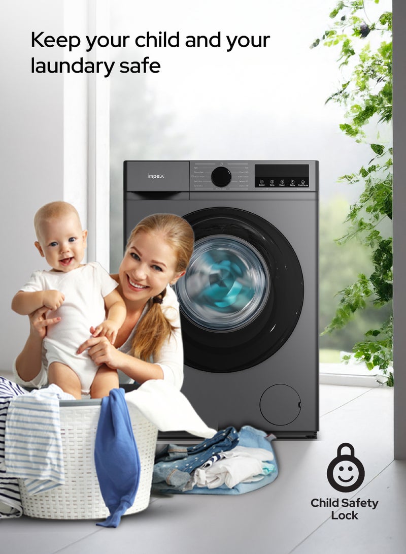 Impex 7.5 Kg Front Load Automatic Washing Machine - BLDC Inverter Motor, 1200 RPM, 11 Wash Programs, Child Lock, LED Display, Cleaning Cloths, Dresses, Temp & Speed Control, Time Delay,2 Year Warranty 7.5 kg WM0750FS Grey - Image 5