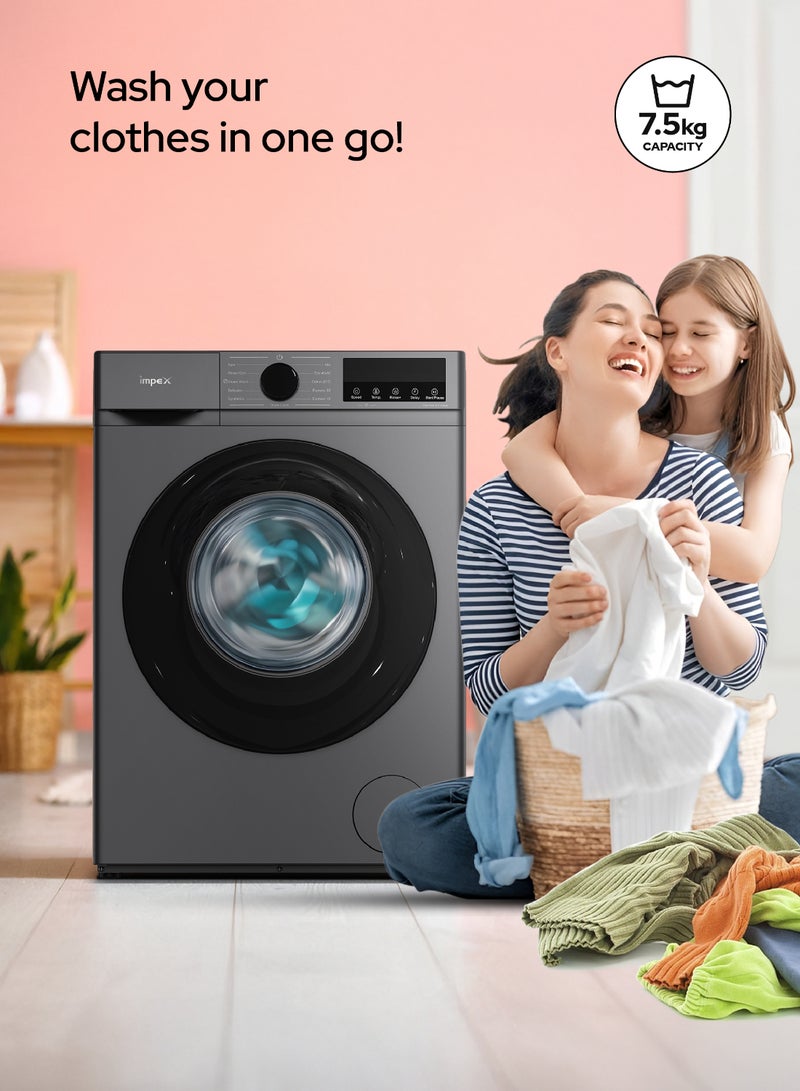 Impex 7.5 Kg Front Load Automatic Washing Machine - BLDC Inverter Motor, 1200 RPM, 11 Wash Programs, Child Lock, LED Display, Cleaning Cloths, Dresses, Temp & Speed Control, Time Delay,2 Year Warranty 7.5 kg WM0750FS Grey - Image 4