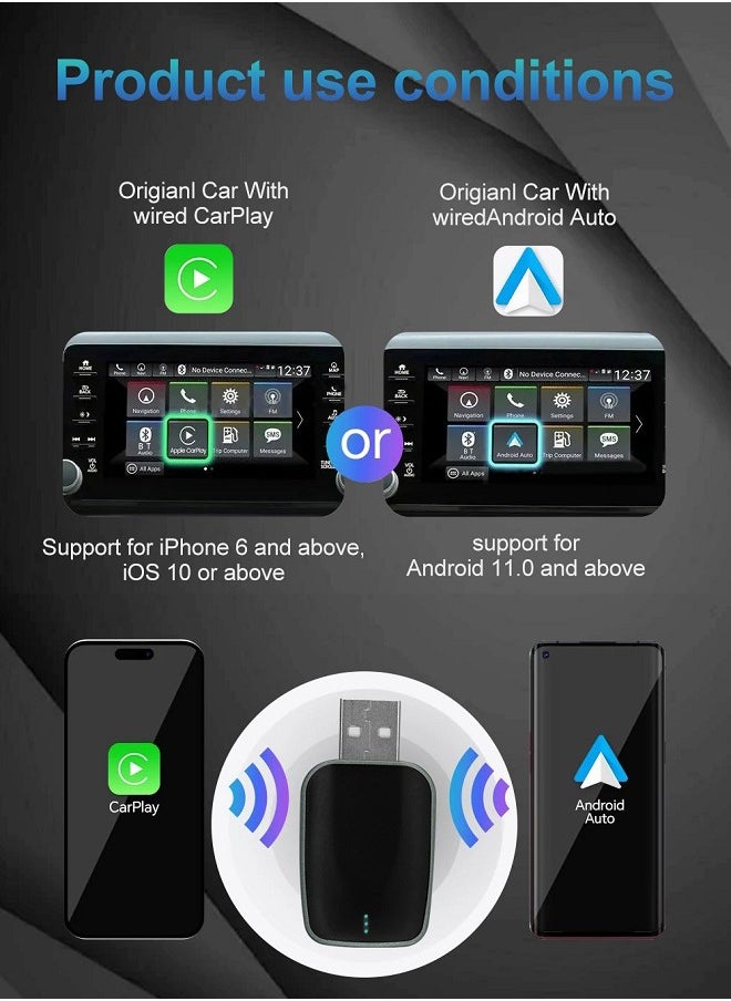 Generic - 2025 New mini Wireless Carplay Adapter, Convert Wired to Wireless Car Play & Android Auto 2-in-1 Adapter for Apple iPhone & Android Phone, Plug & Play, Auto Connect, No Delay, w/USB C for iOS 10+ Android 11+ - Image 1