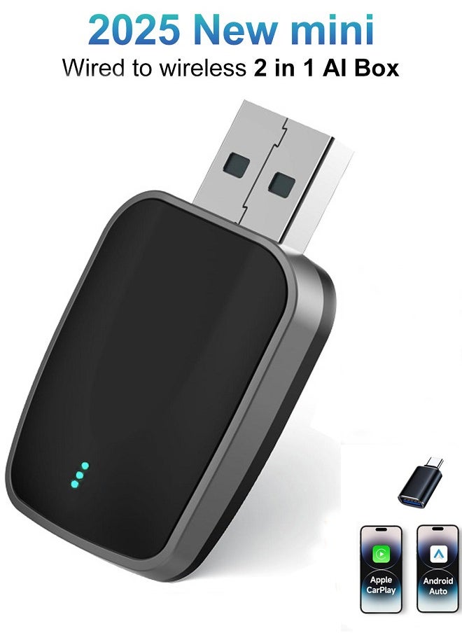 New mini Wireless Carplay Adapter, Convert Wired to Wireless Car Play & Android Auto 2-in-1 Adapter for Apple iPhone & Android Phone, Plug & Play, Auto Connect, No Delay, w/USB C for iOS 10+ Android 11+