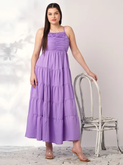 globus Women Lavender Square Neck Strappy Shoulder Ruched Smocked Cut-Outs Detail Tiered Fit & Flare Maxi Party Dress