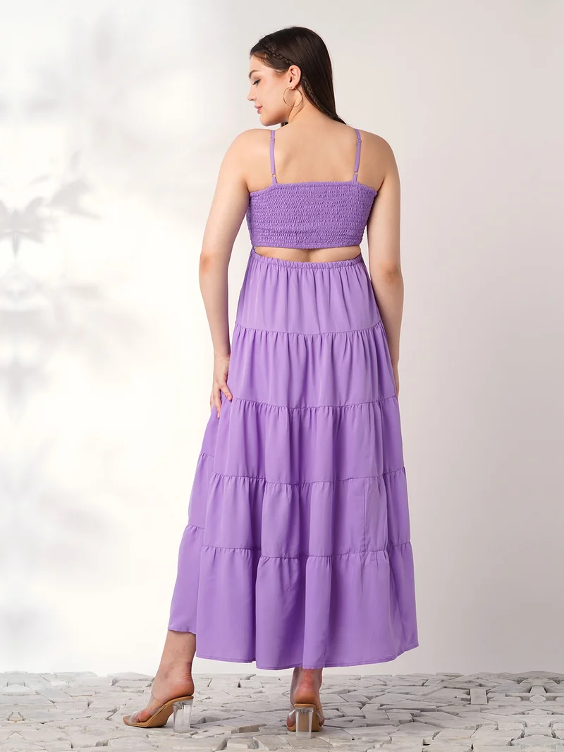 globus Women Lavender Square Neck Strappy Shoulder Ruched Smocked Cut-Outs Detail Tiered Fit & Flare Maxi Party Dress