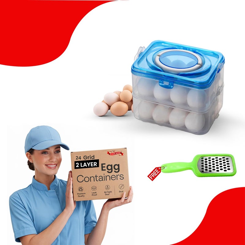 RUSHIL WERE Plastic Egg Storage Box 2 Layer 24 Eggs Free Grater Blue With Carry Holder Locks For Refrigerator Kitchen Durable BPA Free Portable and Airtight Pack of 1 - Image 1