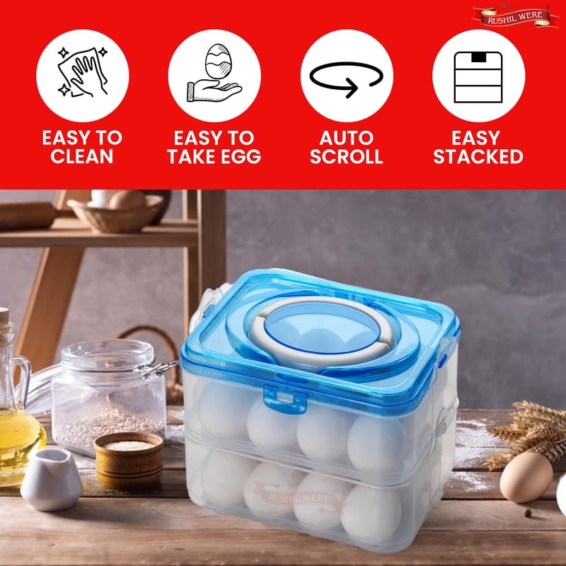 RUSHIL WERE Plastic Egg Storage Box 2 Layer 24 Eggs Free Grater Blue With Carry Holder Locks For Refrigerator Kitchen Durable BPA Free Portable and Airtight Pack of 1 - Image 4