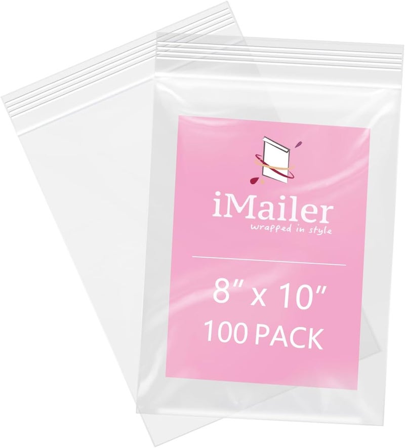iMailer 100 Pcs- 8" x 10", 2 Mil Reclosable Plastic Zip Poly Bags- Clear Resealable Sealing Storage Ziplock Bag for Clothing, T-Shirt, Brochure, Prints, Handicraft Gift - Image 1