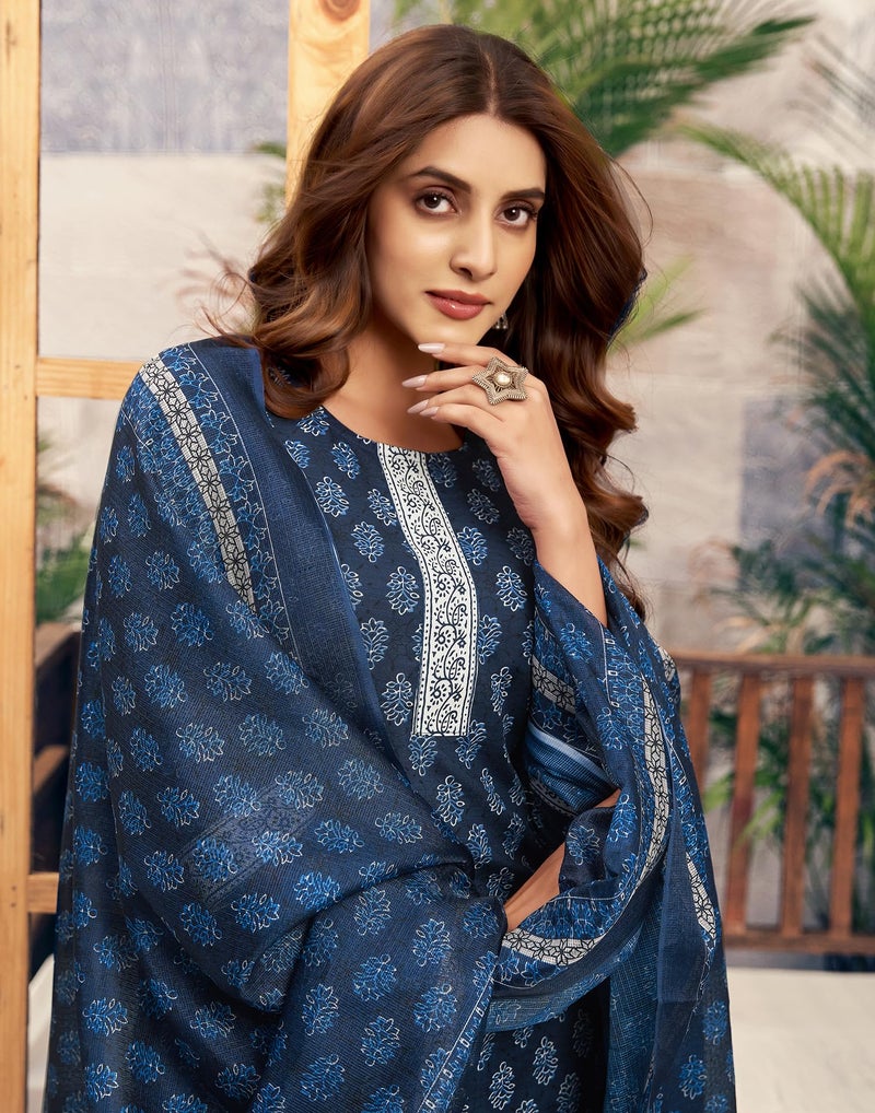 SIRIL Women's Cotton Floral Printed Straight Kurta Pant with Dupatta Set (187KBD1993-L_Navy Blue) - Image 4