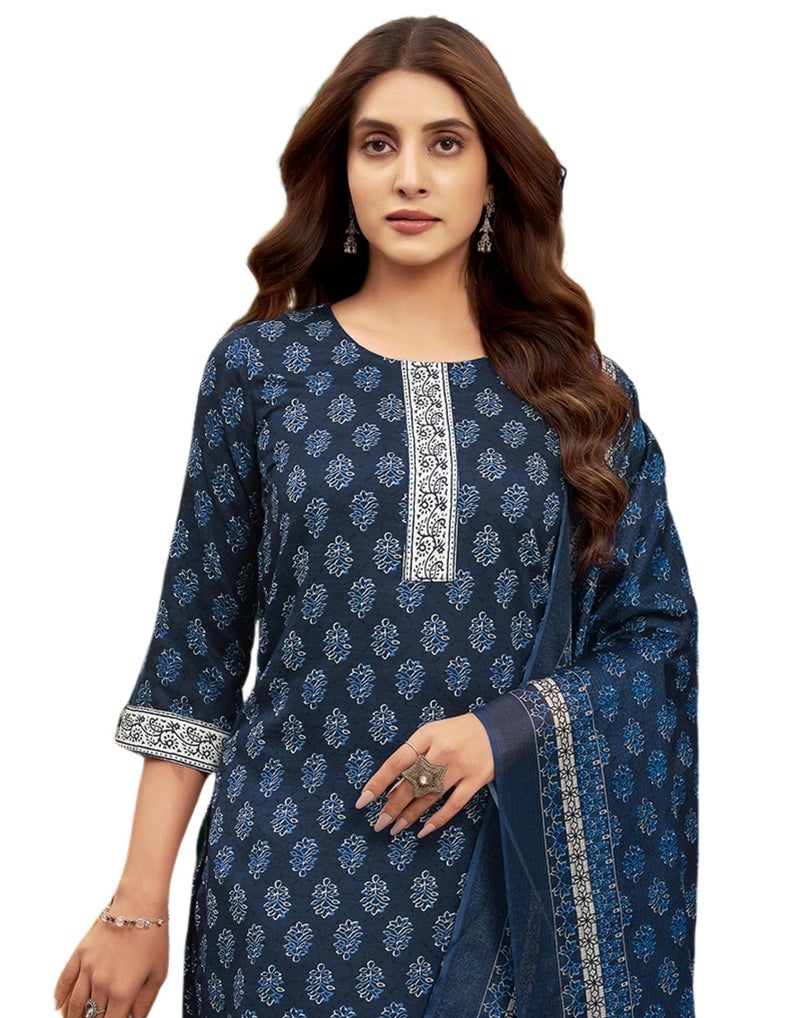 SIRIL Women's Cotton Floral Printed Straight Kurta Pant with Dupatta Set (187KBD1993-L_Navy Blue) - Image 1