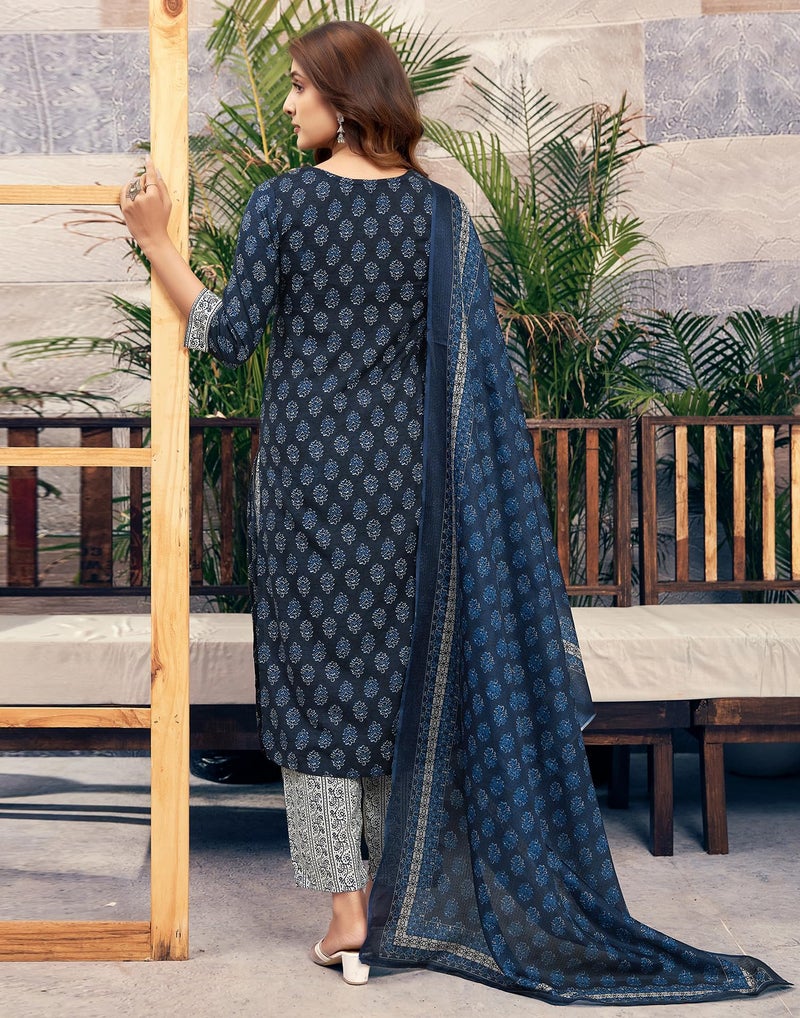 SIRIL Women's Cotton Floral Printed Straight Kurta Pant with Dupatta Set (187KBD1993-L_Navy Blue) - Image 2