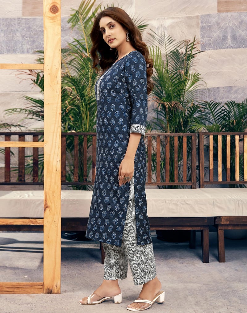SIRIL Women's Cotton Floral Printed Straight Kurta Pant with Dupatta Set (187KBD1993-L_Navy Blue) - Image 5