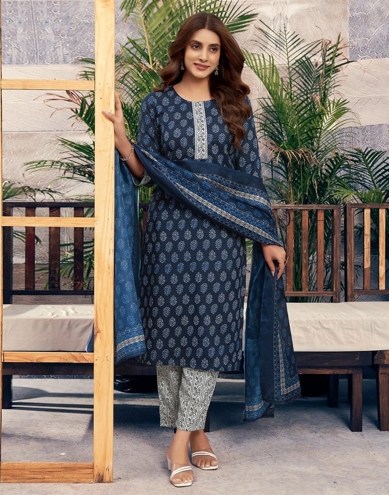 SIRIL Women's Cotton Floral Printed Straight Kurta Pant with Dupatta Set (187KBD1993-L_Navy Blue) - Image 3