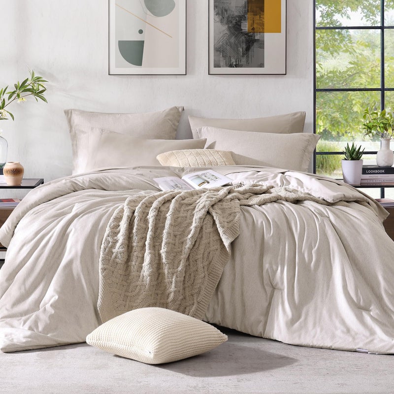 Monbix Full Size Comforter Set, Oatmeal Bedding Comforter for Full Size Bed Set Reversible, Bedding Sets Full 7 Pieces, Cationic Dyeing Bed in a Bag with Comforter, Sheets, Pillowcases & Shams - Image 1