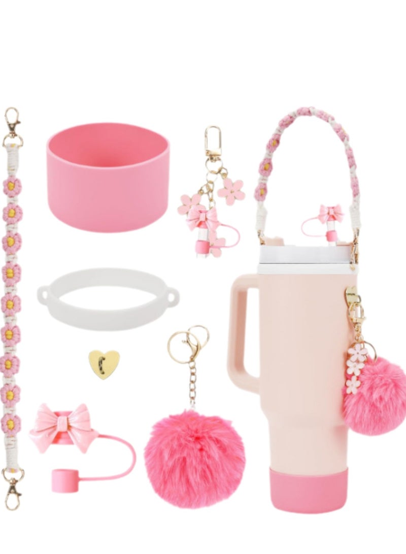 7Pcs Cup Set Accessories Including 1 Pcs Water Bottle Handle Strap, 1 Pcs Siliocne Cup Boot, 1 Pcs Siliocne Straw Cover, 2 Pcs Charms for Cup 40oz  30oz
