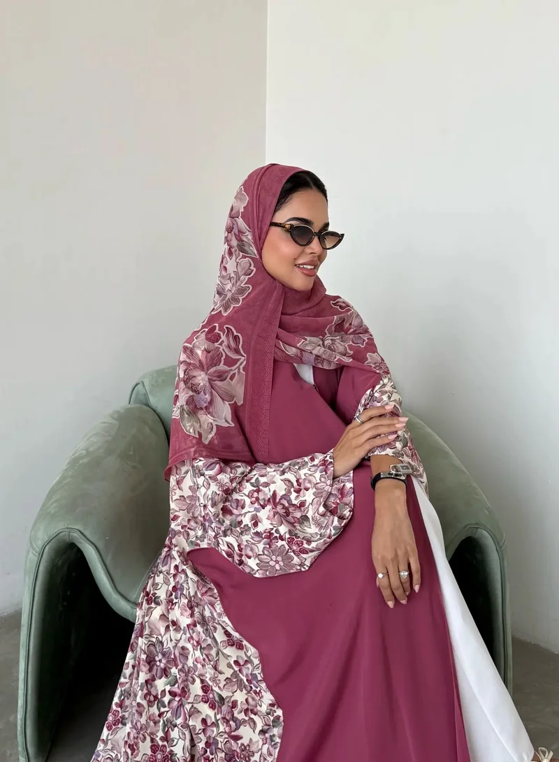 Lusin Abaya Pink Silk Abaya with Floral-Print Back, Sleeves & Veil