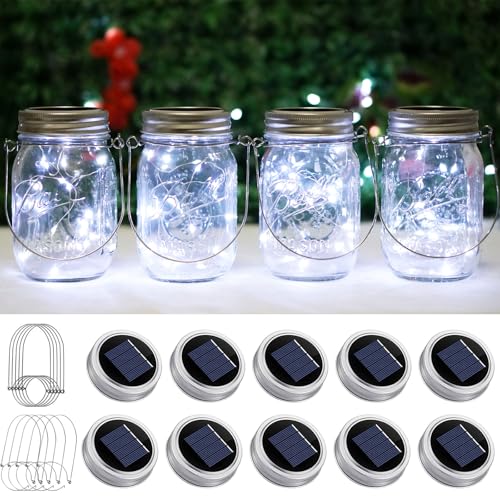 SmilingTown Solar Mason Jar Lights 10 Pack 20 LED Waterproof Outdoor Fairy Firefly String Light Lids with 10 Hangers Rust Resist for Patio Lawn Garden Wedding Lantern Decor No Jars (Cool White) - Image 1