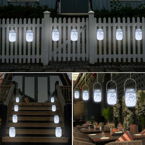 SmilingTown Solar Mason Jar Lights 10 Pack 20 LED Waterproof Outdoor Fairy Firefly String Light Lids with 10 Hangers Rust Resist for Patio Lawn Garden Wedding Lantern Decor No Jars (Cool White) - Image 2